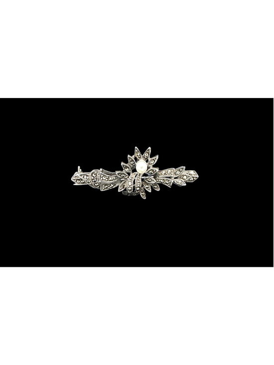 TH Jewelry - Vintage Thai 925 Sterling Silver Marcasite and Pearl Accent Floral Bar Brooch